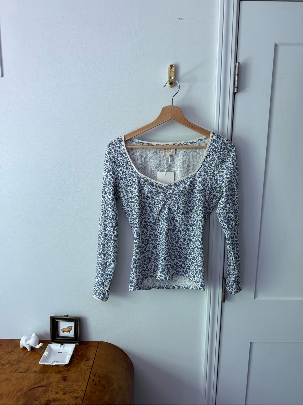 Sezane blue floral pointelle long sleeve tee size small new with tags